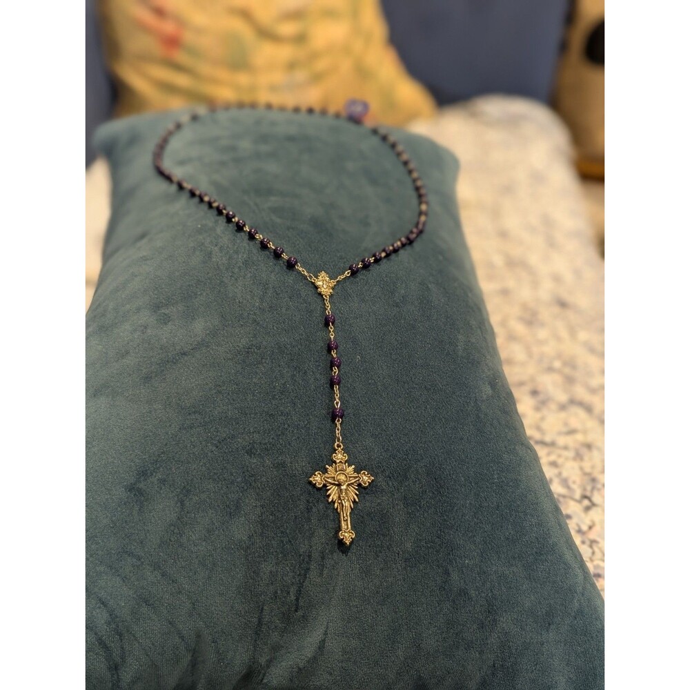 America Needs Fatima Blue Plastic Beaded Chain Rosary Necklace Cross Pendant